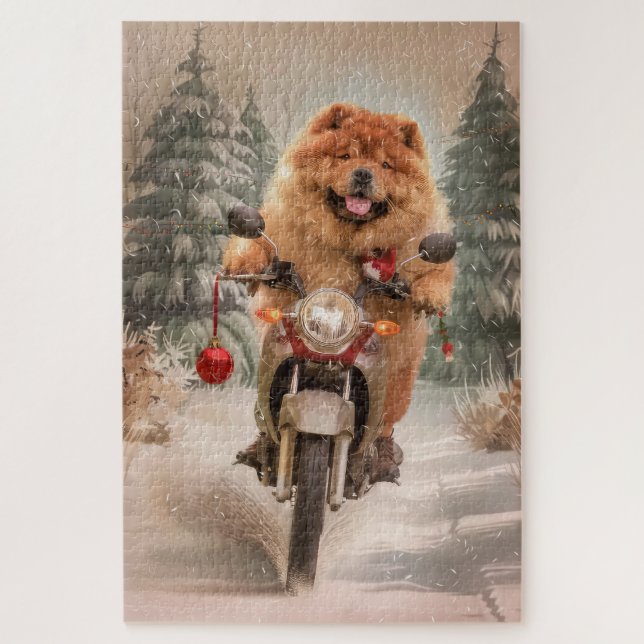 Puzzle Chow Chow Chien chevauchant la moto Noël (Vertical)