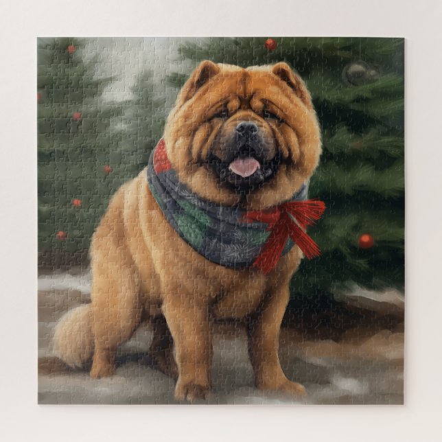 Puzzle Chow Chow Chien de Noël en neige (Vertical)