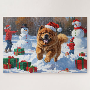 Puzzle Chow Chow courant dans la neige avec un chapeau de