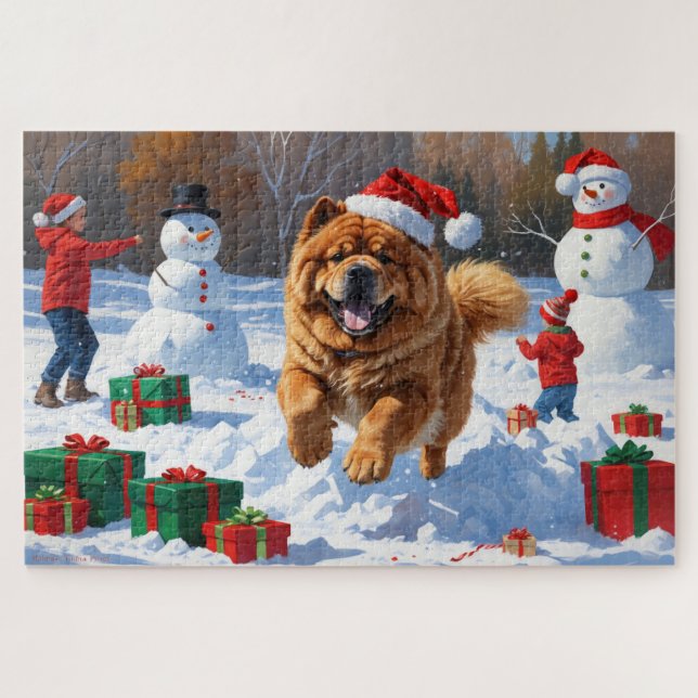 Puzzle Chow Chow courant dans la neige avec un chapeau de (Horizontal)