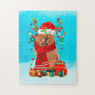Puzzle Chow Chow dans la neige avec cadeaux de Noël