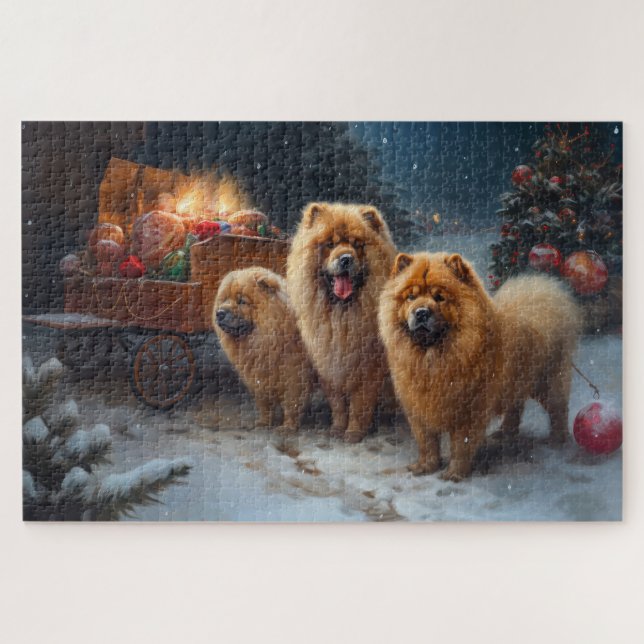 Puzzle Chow Chow enneigé traîneau décoration de Noël (Horizontal)