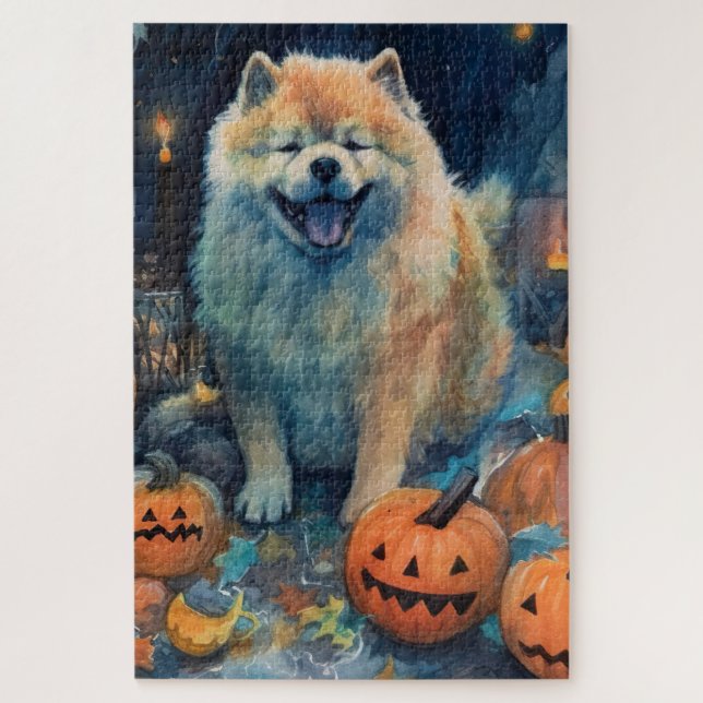 Puzzle Chow Chow Halloween avec citrouilles effrayantes  (Vertical)