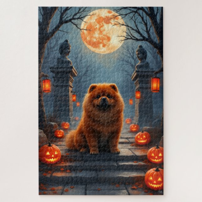 Puzzle Chow Chow Temple Haunted Halloween Art (Vertical)