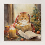 Puzzle Christmas Cat Trois Lecture Carte Vintage<br><div class="desc">Un arbre de Noël décoré avec un chat de Noël trois lecture à la lueur d'une bougie. Carte vintage romantique</div>