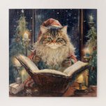 Puzzle Christmas Cat Two Lecture Carte Vintage<br><div class="desc">Un sapin de Noël décoré avec un chat de Noël deux lectures avec une lumière à la bougie. Carte vintage romantique</div>