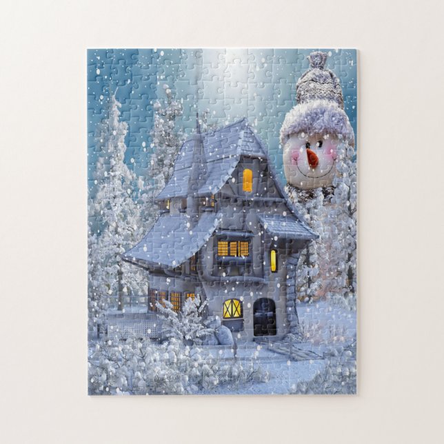 Puzzle Christmas Gift Winter White Snowman Blue Rustic (Vertical)