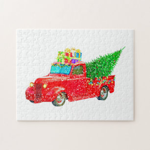 Puzzle Christmas red truck with a Christmas tree and gift