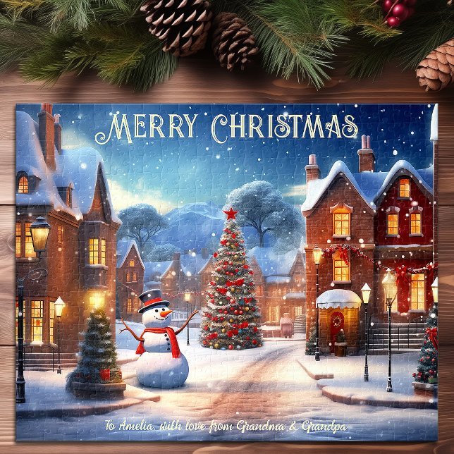 Puzzle Christmas Street Snowtree Maisons Art de Vacances (Christmas Street Snowman Tree Houses Holiday Art Jigsaw Puzzle)