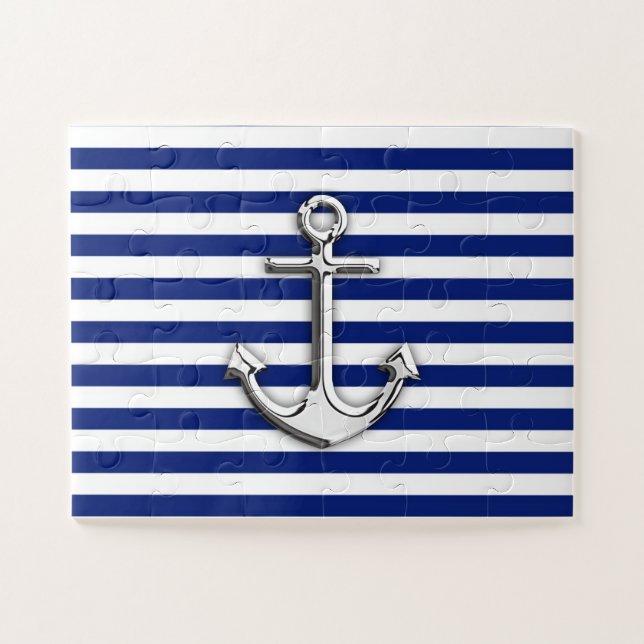 Puzzle Chrome Comme Ancre sur la Marine Blue Stripes Déco (Horizontal)