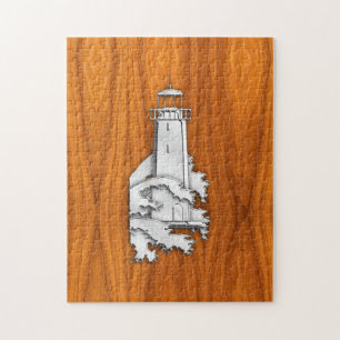 Puzzle Chrome Style Lighthouse on Teak Wood Decor