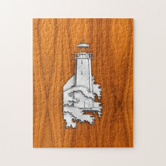 Puzzle Chrome Style Lighthouse on Teak Wood Decor (Vertical)