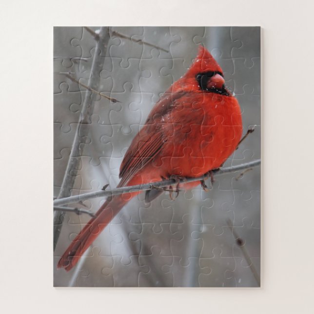 Puzzle Chunky Bright Red Male Cardinal in Winter Snow (Vertical)