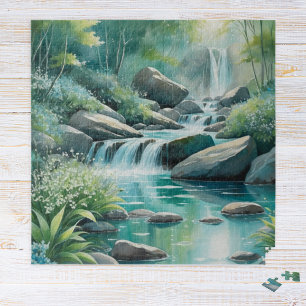Puzzle Chutes d'eau de la forêt de ruisseau à l'aquarelle
