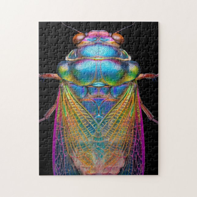 Puzzle Cicada aux couleurs irisées sur noir (Vertical)