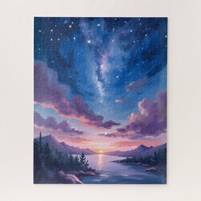 Puzzle Ciel de Nuit | Aquarelle Violette du Lac Étoilé (Vertical)