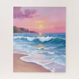 Puzzle Cieux pastel rose   Vagues de plage aquarelle océa