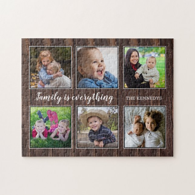 Puzzle Citation de famille 6 Collage photo Bois rustique (Horizontal)