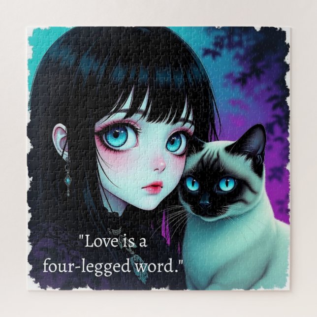 Puzzle Citation Fille Anime et Chat Siamois (Vertical)
