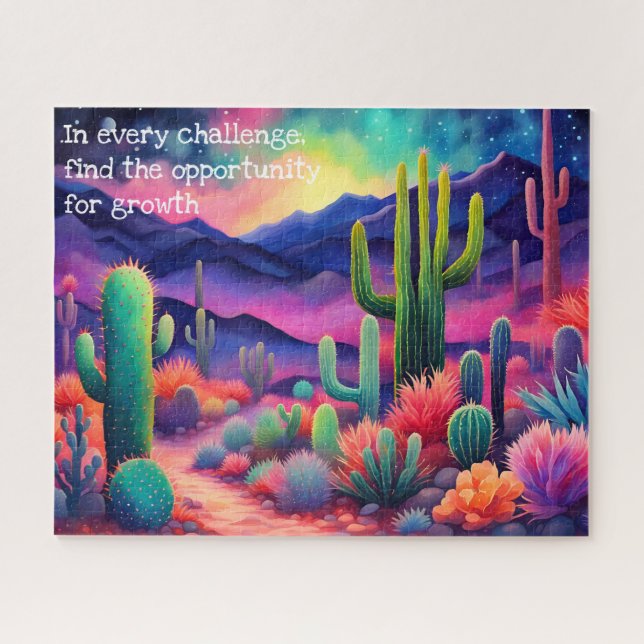Puzzle citation inspirante, paysage de cactus coloré (Horizontal)