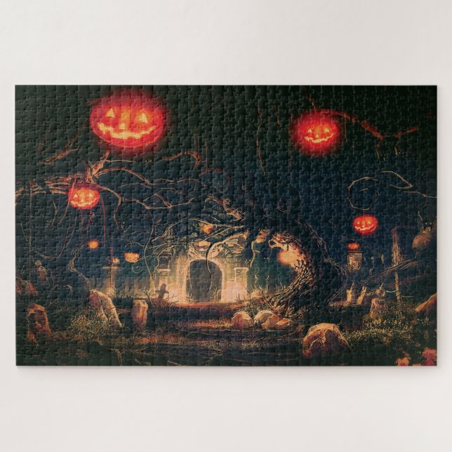 Puzzle Citrouille de cimetière Éffrayant d'Hallowe (Horizontal)