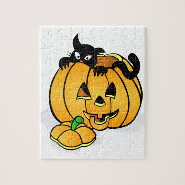 Puzzle Citrouille d'Halloween avec chat noir (Vertical)