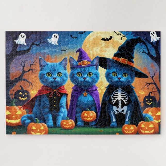Puzzle Citrouille russe Blue Cats Halloween drôle (Horizontal)