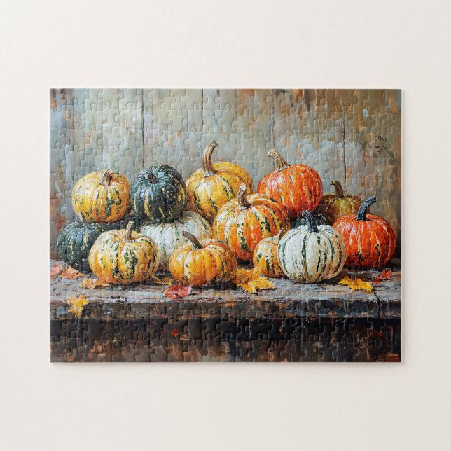 Puzzle Citrouilles d'automne colorés sur table rustique (Horizontal)