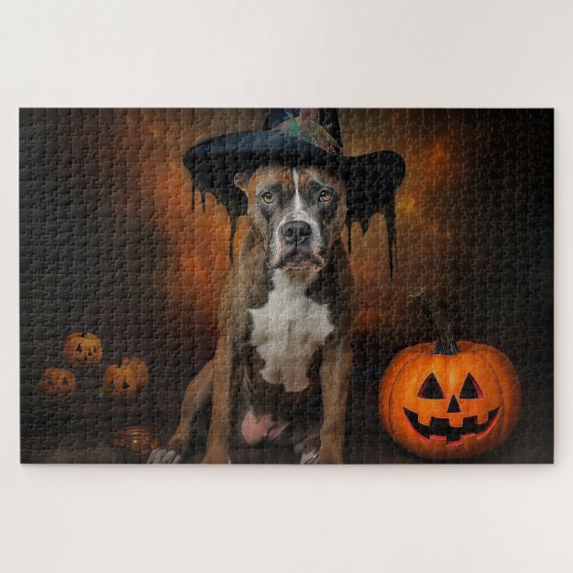Puzzle Citrouilles d'Halloween effrayantes American Staff (Horizontal)