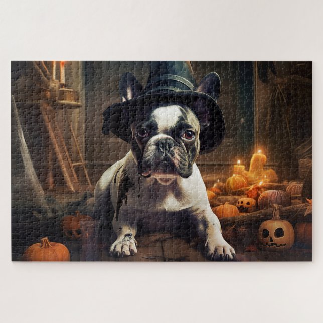 Puzzle Citrouilles d'Halloween effrayantes de Bouledogue  (Horizontal)