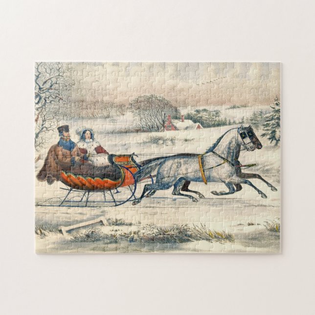 Puzzle Classique 1853 Promenade en traîneau Currier Ives  (Horizontal)