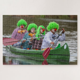 Puzzle Clowns boating on river.