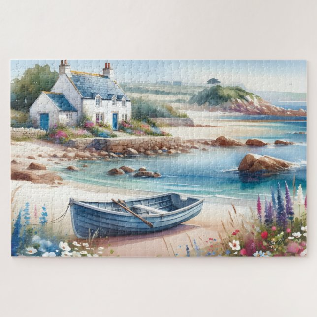 Puzzle Coastal Cottage Seaside Rowboat Bloom (Horizontal)