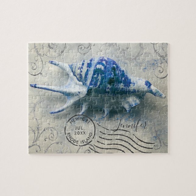 Puzzle Coastal Seashell Monogramme Nom Indigo Blue (Horizontal)