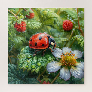 Puzzle Coccinelle perchée sur une plante de fraises recou