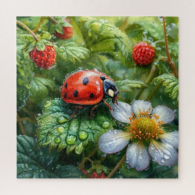 Puzzle Coccinelle perchée sur une plante de fraises recou (Vertical)