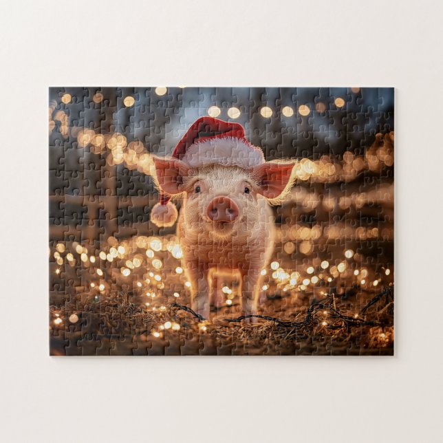 Puzzle Cochon dans un chapeau de Père Noël (Horizontal)