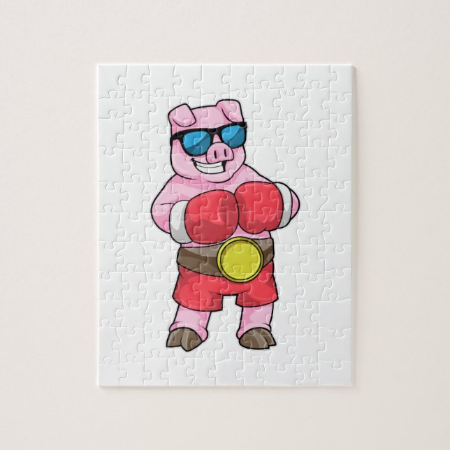 Puzzle Cochon en boîte avec gants de boxe (Vertical)