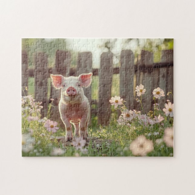 Puzzle Cochon mignon dans le jardin fleuri (Horizontal)