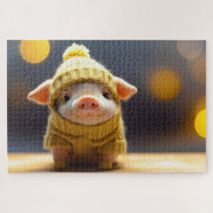 Puzzle cochon mignon en costume tricoté en hiver