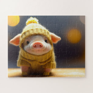 Puzzle cochon mignon en costume tricoté en hiver