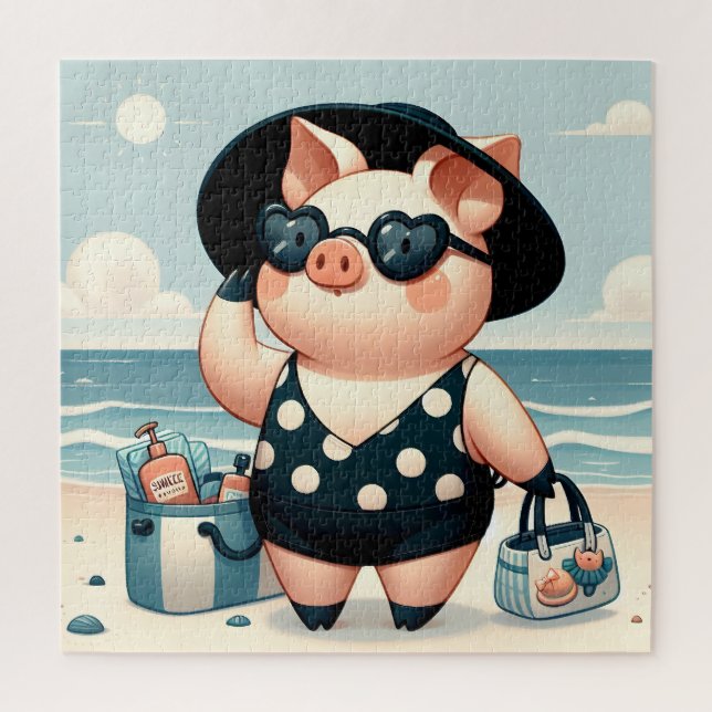 Puzzle Cochon mignon en maillot de bain Polka Dot à la pl (Vertical)
