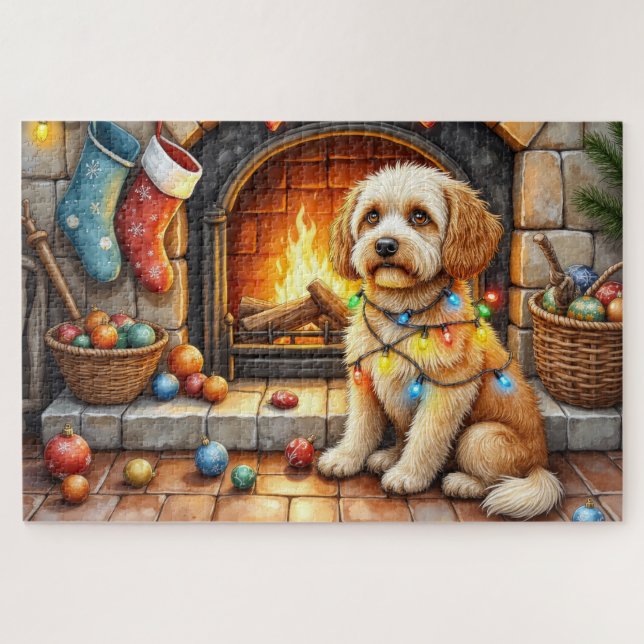 Puzzle Cockapoo assis près de la cheminée avec des lumièr (Horizontal)