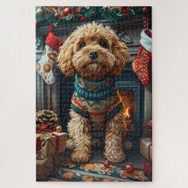 Puzzle Cockapoo Chien Avec Cheminée Cadeaux De Noël (Vertical)