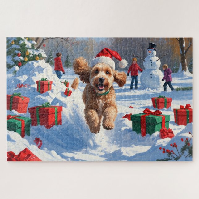 Puzzle Cockapoo courant dans la neige avec un chapeau de  (Horizontal)