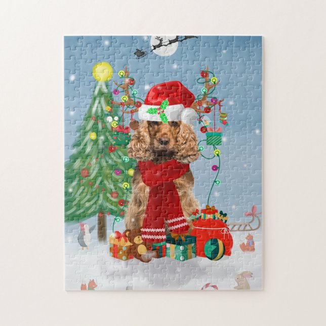 Puzzle Cocker Spaniel Chien en neige avec cadeaux de Noël (Vertical)