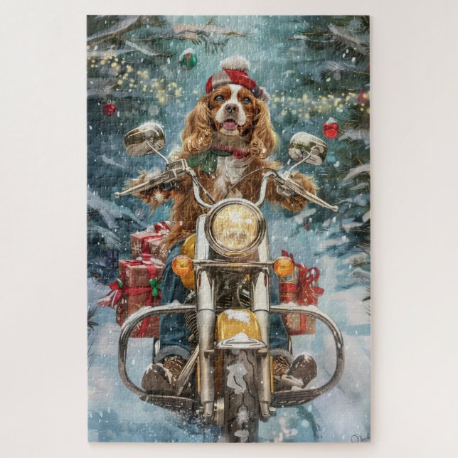 Puzzle Cocker Spaniel Chien équitation Moto Noël (Vertical)