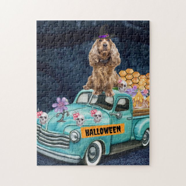 Puzzle Cocker Spaniel Chien Halloween Camion La nuit de l (Vertical)