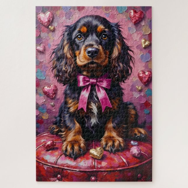 Puzzle Cocker Spaniel Chien Saint-Valentin Ottoman Rouge (Vertical)