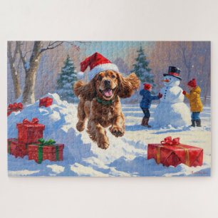 Puzzle Cocker Spaniel courant dans la neige avec un chape
